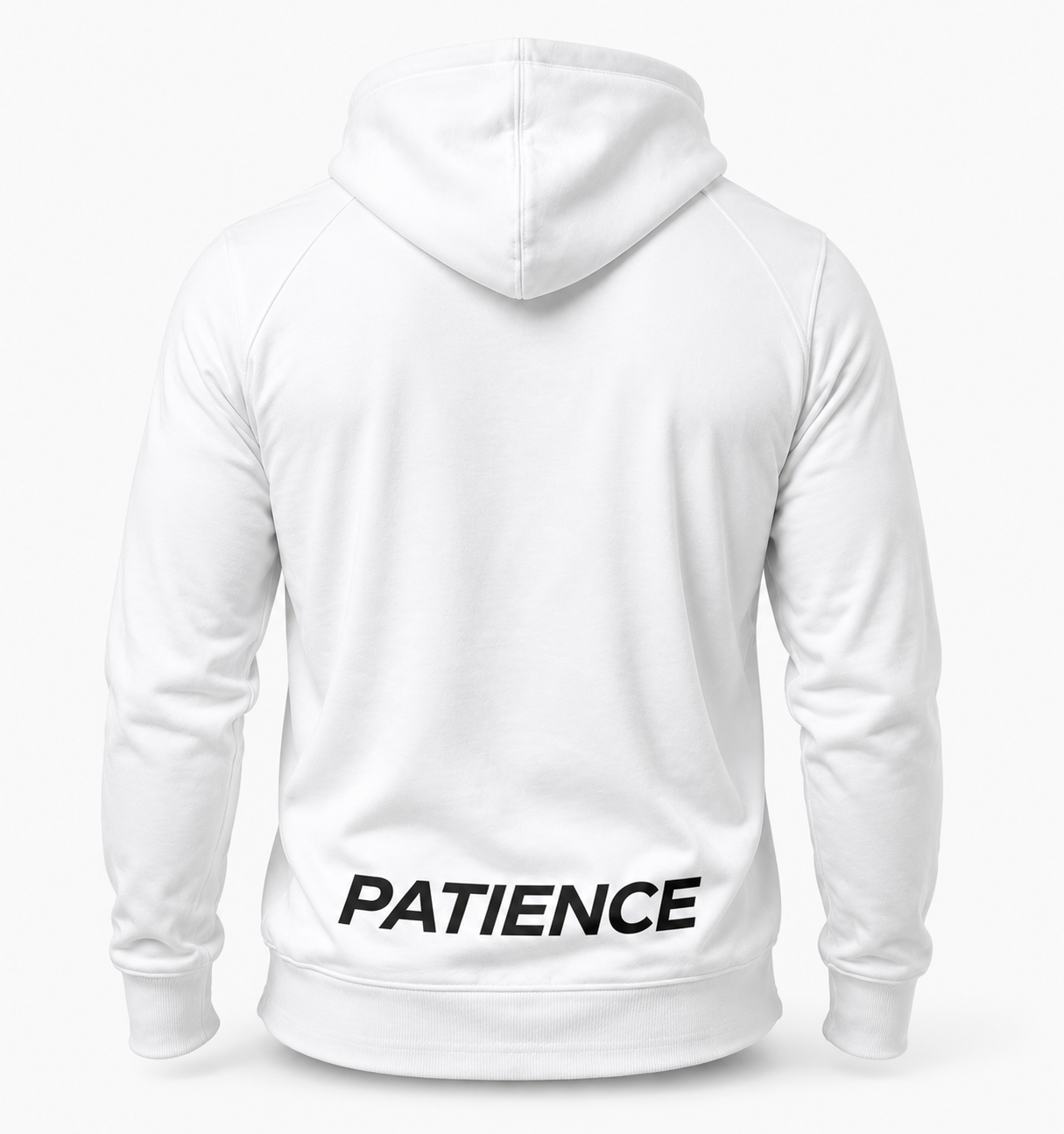 Hvit hettejakke bak med patience